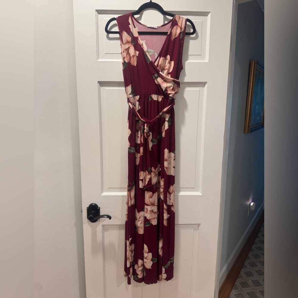 Floral Burgundy Maxi Dress – Wrap Style, Sleeveless, Size M